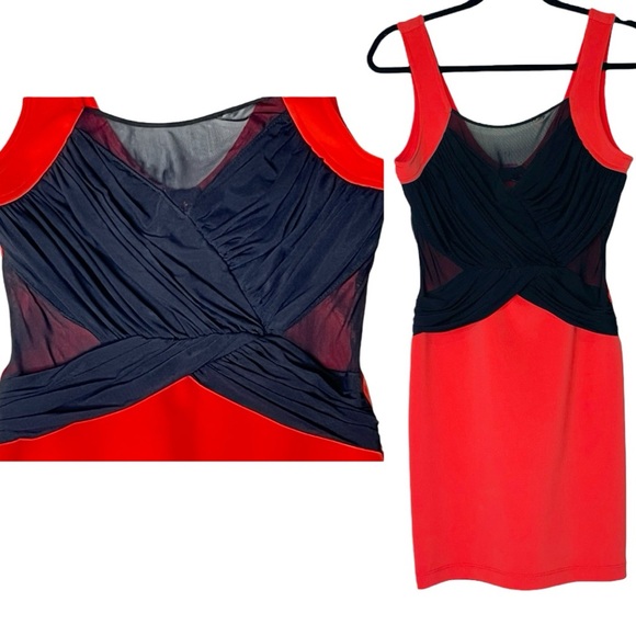 2b Bebe Bodycon Gia Mesh Front Cross Mini Dress Red Black Cocktail Party Y2K - Picture 4 of 16